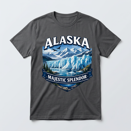 Alaska Majestic Splendor glacier badge design printed on a charcoal gray t-shirt