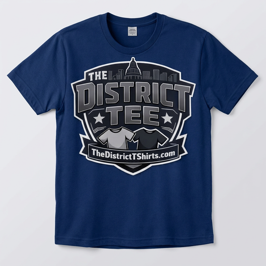 The District Tee crest logo printed on a navy t-shirt