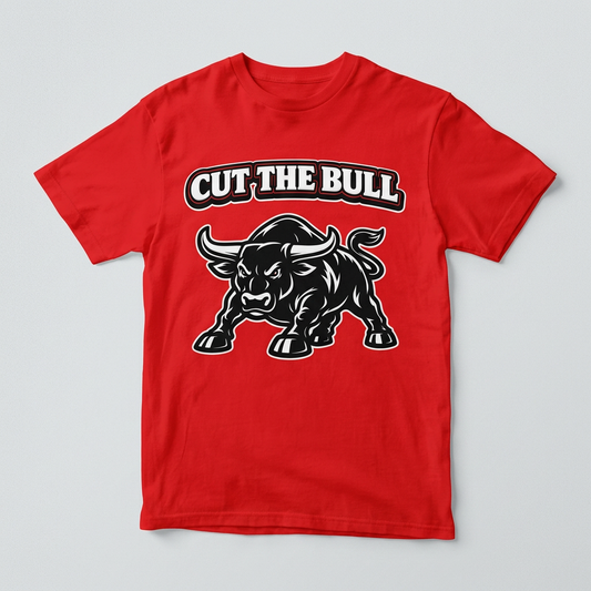 Cut the Bull design printed on a red t-shirt
