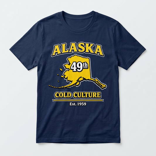 Alaska 49th Cold Culture Est. 1959 design printed on a navy t-shirt