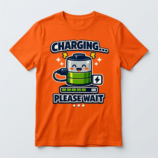 Charging Please Wait battery design printed on an orange t-shirt