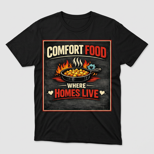 Comfort Food Where Homes Live skillet design printed on a black t-shirt