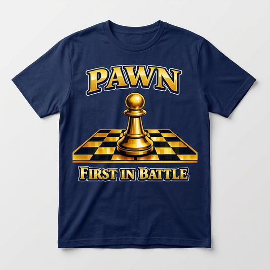Pawn First in Battle chess design printed on a navy t-shirt
