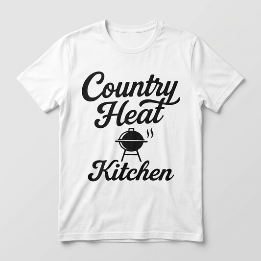 Country Heat Kitchen barbecue grill design printed on a white t-shirt