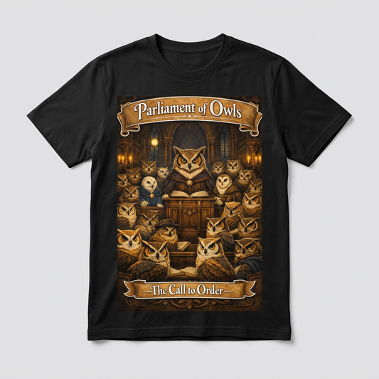 Parliament of Owls The Call to Order design printed on a black t-shirt