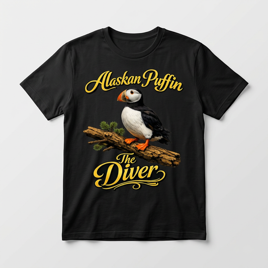 Alaskan Puffin The Diver design printed on a black t-shirt