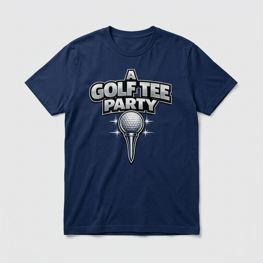 A Golf Tee Party golf ball design printed on a navy t-shirt