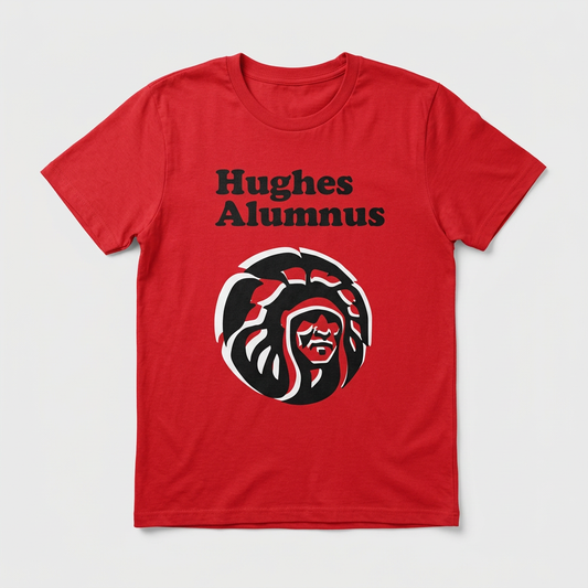 Hughes Alumnus warrior design printed on a red t-shirt