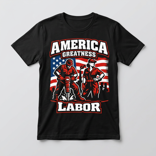 America Greatness Labor workers flag design printed on a black t-shirt