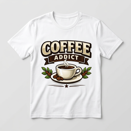 Coffee Addict coffee cup design printed on a white t-shirt