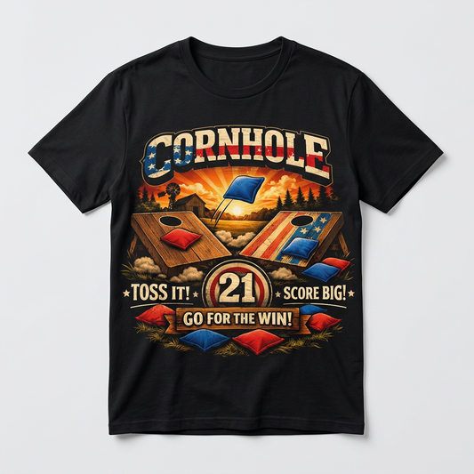 Cornhole Toss It Score Big Go For The Win design printed on a black t-shirt