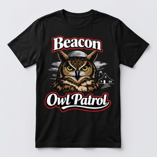 Beacon Owl Patrol great horned owl design printed on a black t-shirt